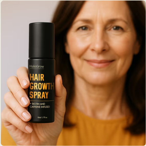 Woman holding HaloGrow hair spray
